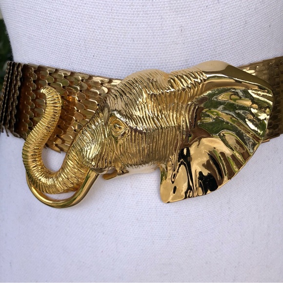 Vintage Accessory Accent NYC Gold Scale Stretch Belt with Elephant Head Buckle - Picture 2 of 6